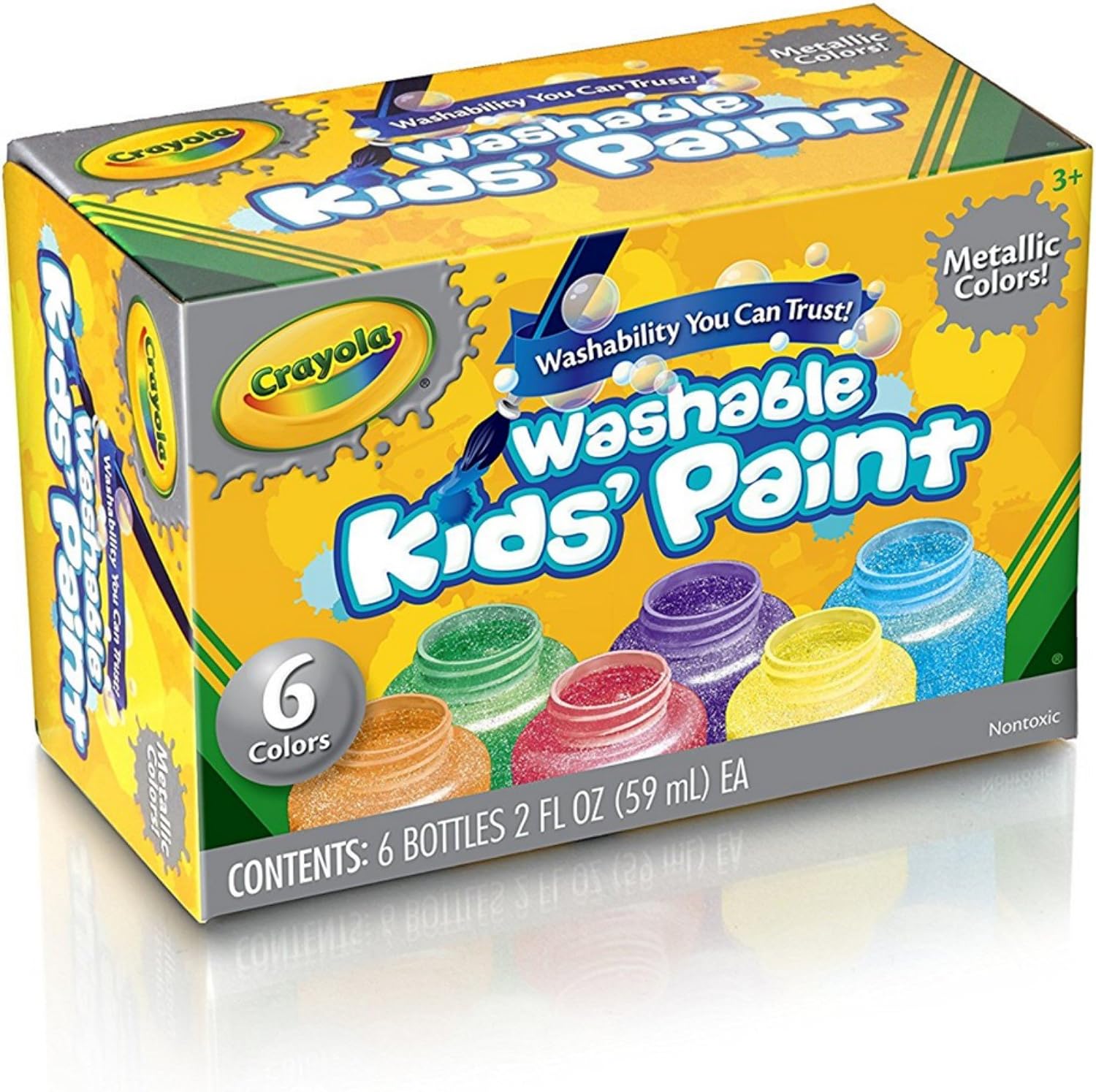 Crayola 6 Washable Metallic Kids' Paints, Red, Yellow, Blue, Green, Purple, Orange, 50 ml (Pack of 6)