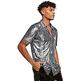 WDIRARA Men's 70s Sparkly Disco Top Crocodile Pattern Metallic Rave Button Down Shirt Short Sleeve Party T Shirt