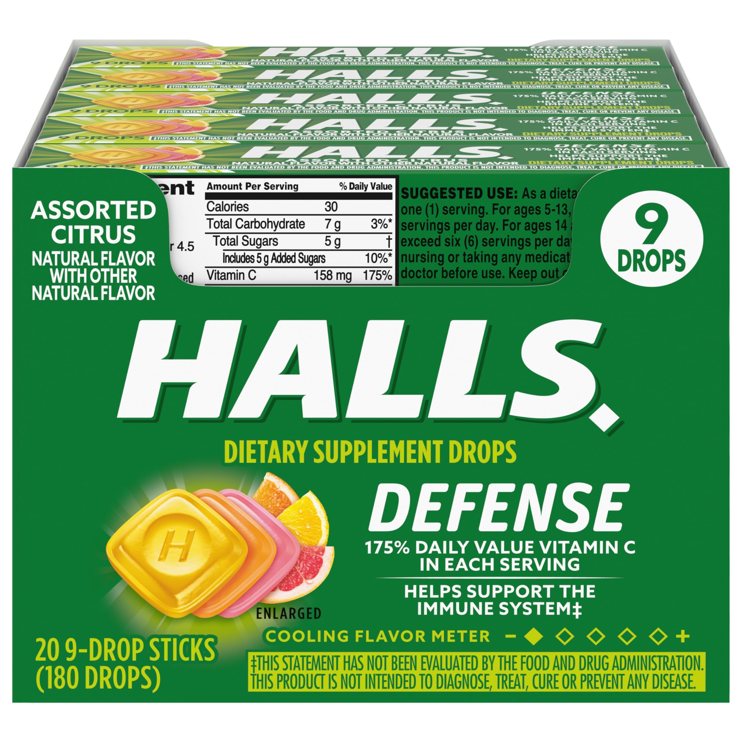 HALLS Defense Assorted Citrus Vitamin C Drops, 20 Sticks (180 Drops)
