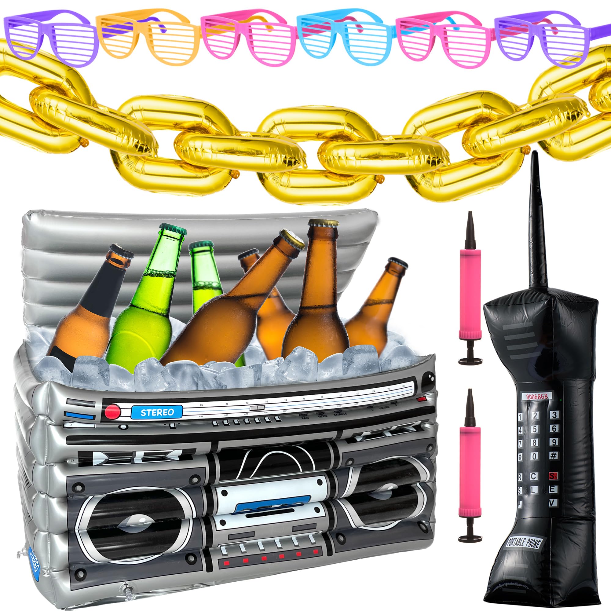 Photo 1 of YAROMO 80s 90s Party Decorations, 22 Pieces Inflatable Boom Box Mobile Phone and 16 Inch Gold Inflatable Foil Chain Balloons Plastic Shutter Shades Glasses