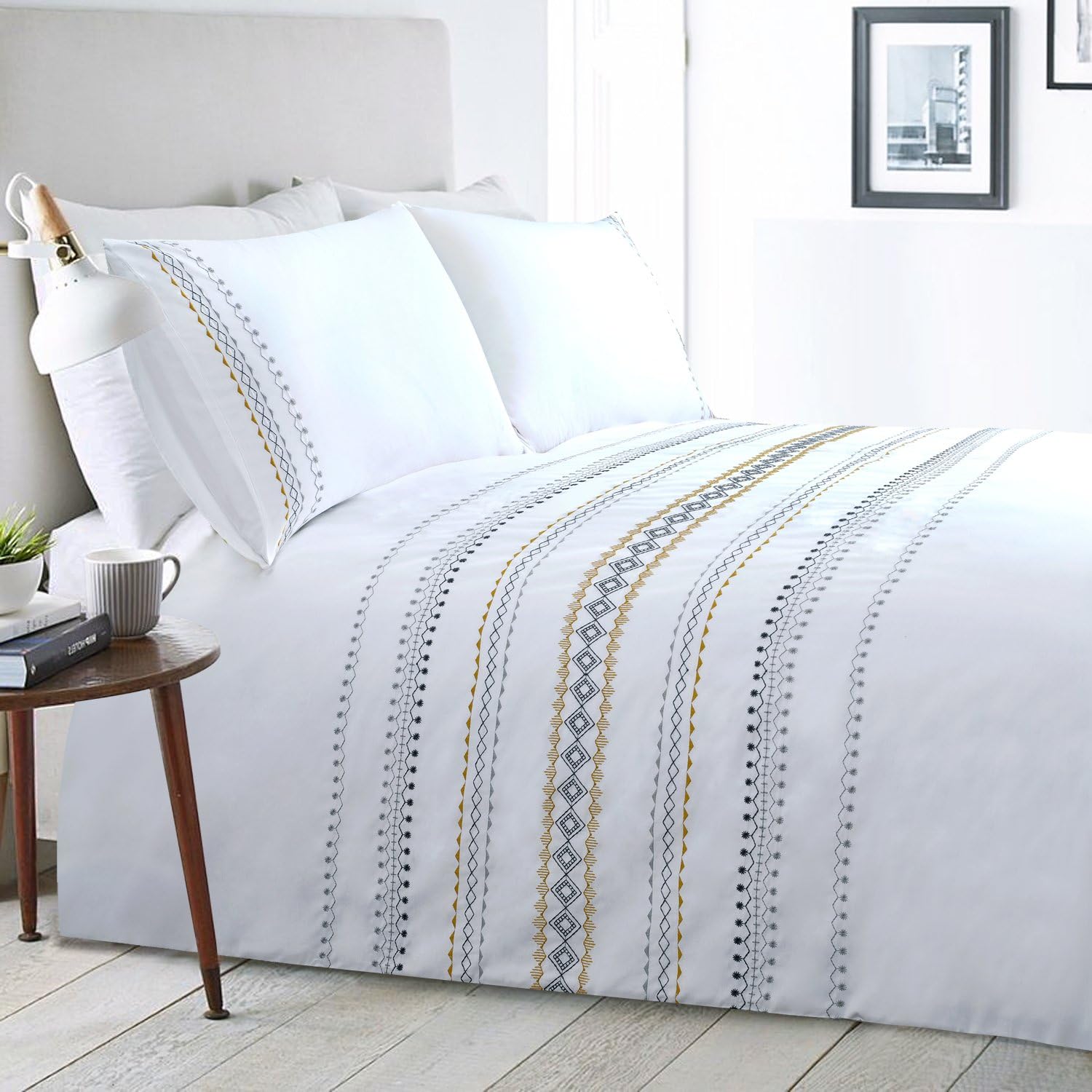 YINFUNG Double Bedding Set White Cotton Duvet Cover Sets Embroidered Geometric Striped Pattern Luxury Breathable Quilt Cover with 2 Pillowcases (White