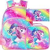 ZLYERT 3PCS Unicorn Mermaid Backpack for Girls, Sequin Bookbag for Elementary Preschool Students, 16" Kids Backpacks with Lunch Box for Girl