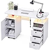 HolaiNail Nail Desk for Nail Tech w/Electric Dust Collector, Rolling Manicure Table w/Lockable Wheels, Storage Drawers, Wrist Cushion, Acetone Resistant, for Nail Beauty Salon Workstation (White)