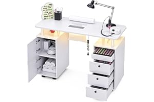 HolaiNail Nail Desk for Nail Tech w/Electric Dust Collector, Rolling Manicure Table w/Lockable Wheels, Storage Drawers, Wrist Cushion, Acetone Resistant, for Nail Beauty Salon Workstation (White)
