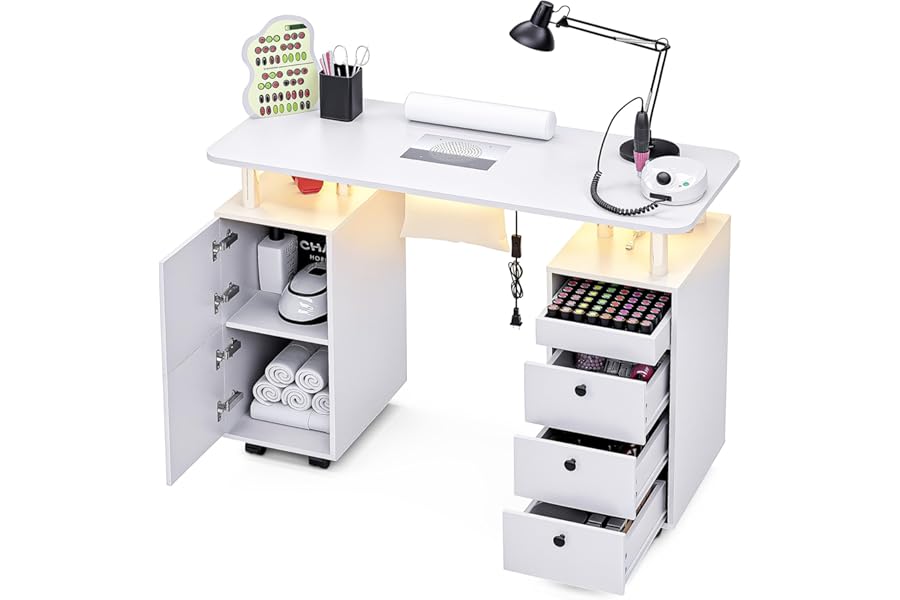 HolaiNail Nail Desk for Nail Tech w/Electric Dust Collector, Rolling Manicure Table w/Lockable Wheels, Storage Drawers, Wrist Cushion, Acetone Resistant, for Nail Beauty Salon Workstation (White)