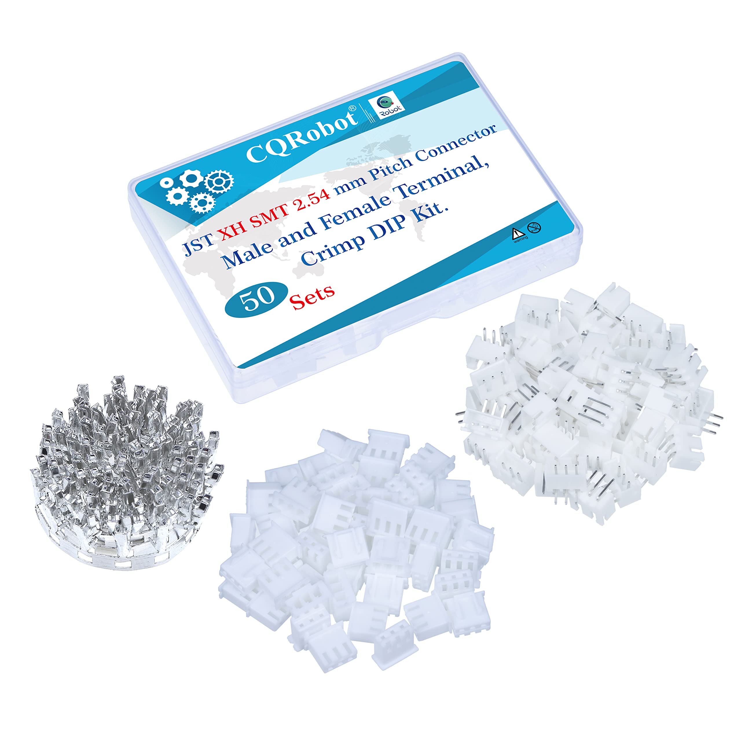 CQRobot JST XH SMD 2.54 mm Pitch 3-Pin Electronic Computer Connector IC Male Plugs, Female Sockets Housing and T-Shaped Crimp Terminal Kit. 50 Sets/250 Pieces Wire-to-Board Adapter Cable Assembly.