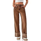 PLNOTME Womens Baggy Jeans Boyfriend Wide Leg Trendy Casual Mid Rise Cuffed Hem Denim Pants with Pockets