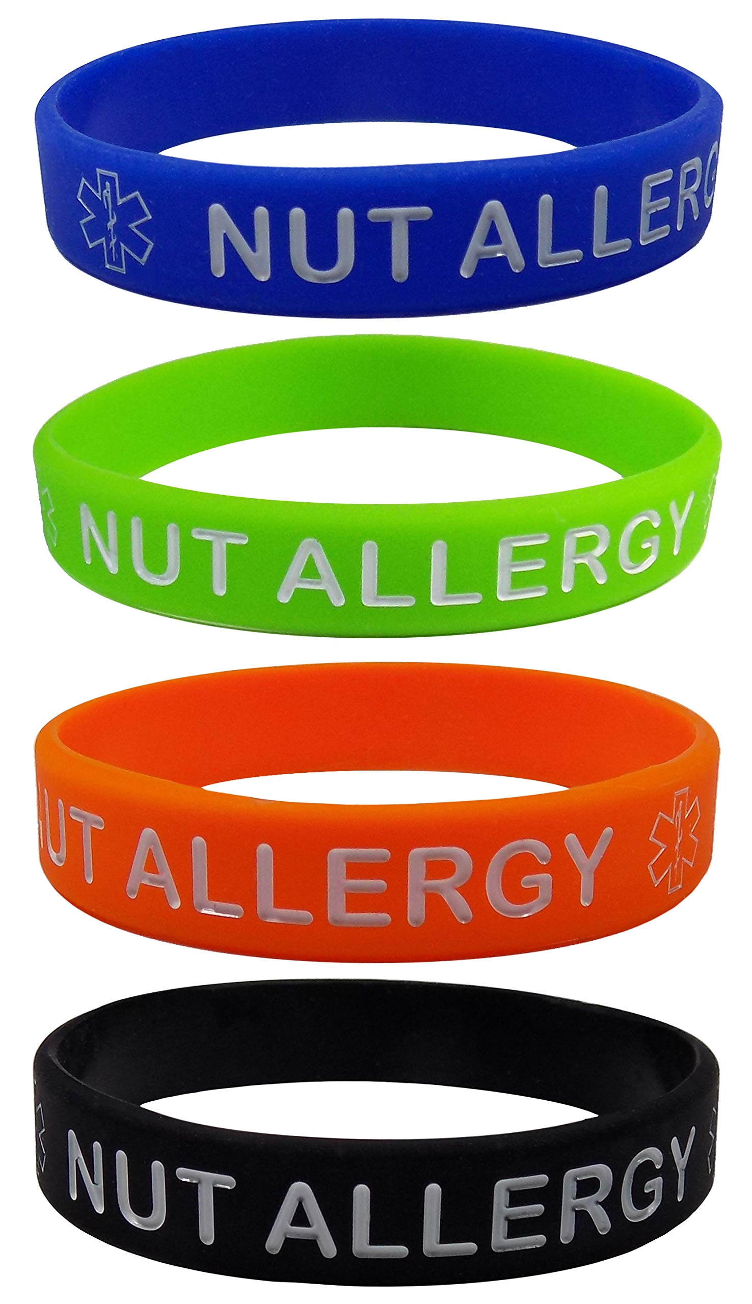 Max Petals NUT Allergy Silicone Wristbands - Blue, Orange, Green and Black Kid's Sizes (4 Pack) (Small Child Size) …