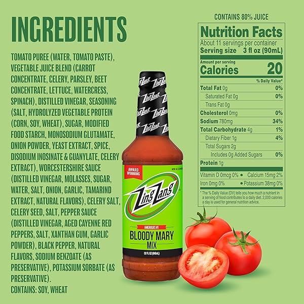 ZING ZANG BLOODY MARY MIX, NON-ALCOHOLIC COCKTAIL MIXER, 32 FL OZ BOTTLE (PACK OF 1)