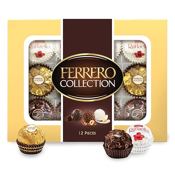 FERRERO ROCHER, 12 COUNT, PREMIUM GOURMET ASSORTED HAZELNUT MILK CHOCOLATE, DARK CHOCOLATE AND COCONUT CHOCOLATES, CHOCOLATE GIFT BOX, 4.6 OZ