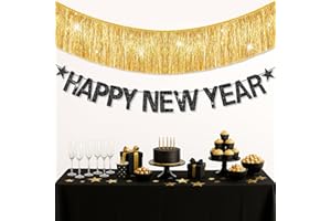 Suncalla 2 Pcs Happy New Year Banner Decor 2026 with 2 Black Glittery Pentagram and 1 Gold Tinsel Fringe Party Banner for New Year's Eve Supplies Decoration