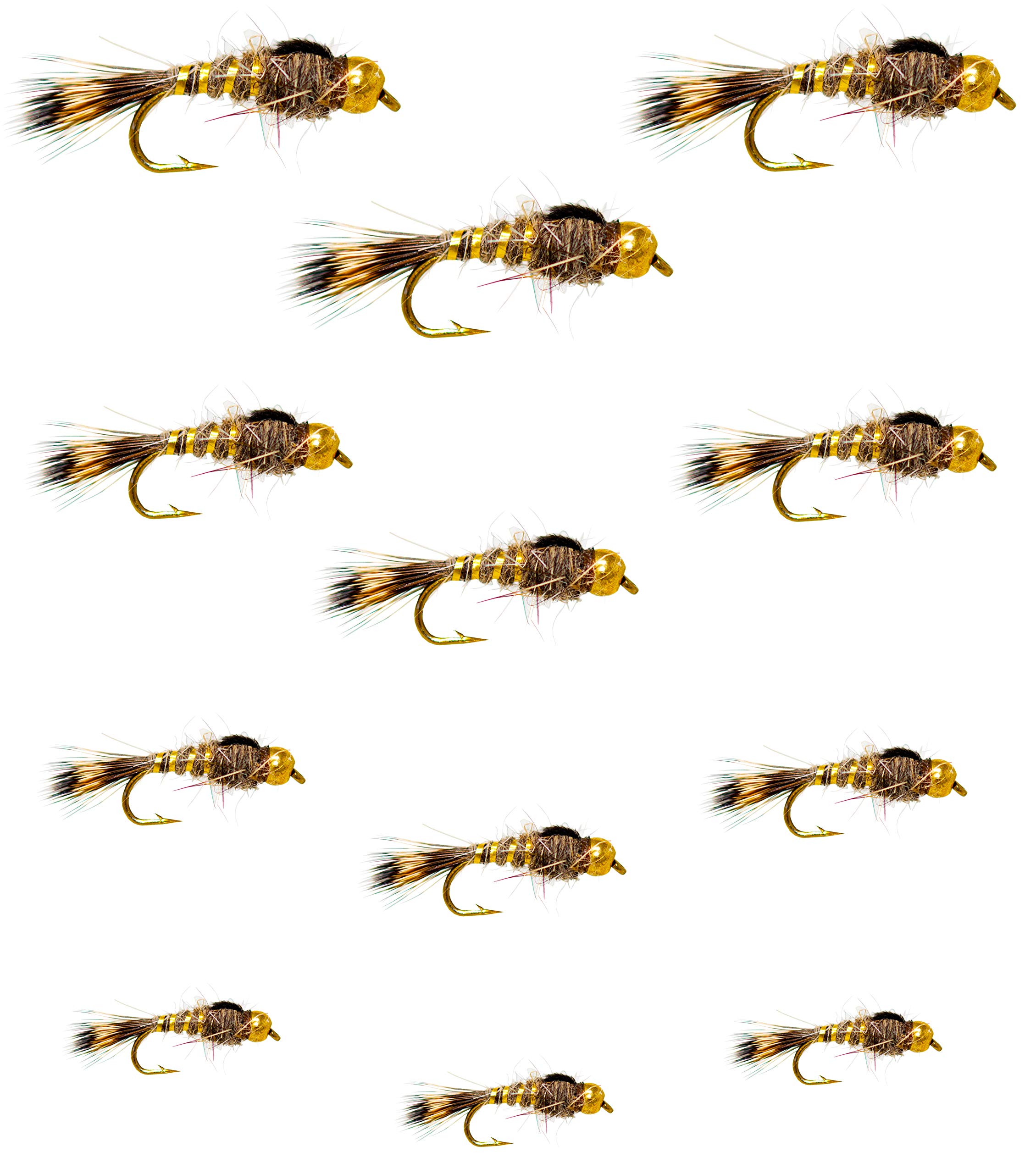 Outdoor Planet 12 Gold Bead Gold Ribbed Hare's Ear Nymph Trout Fly Lure Assotment for Wet Fly Fishing Flies
