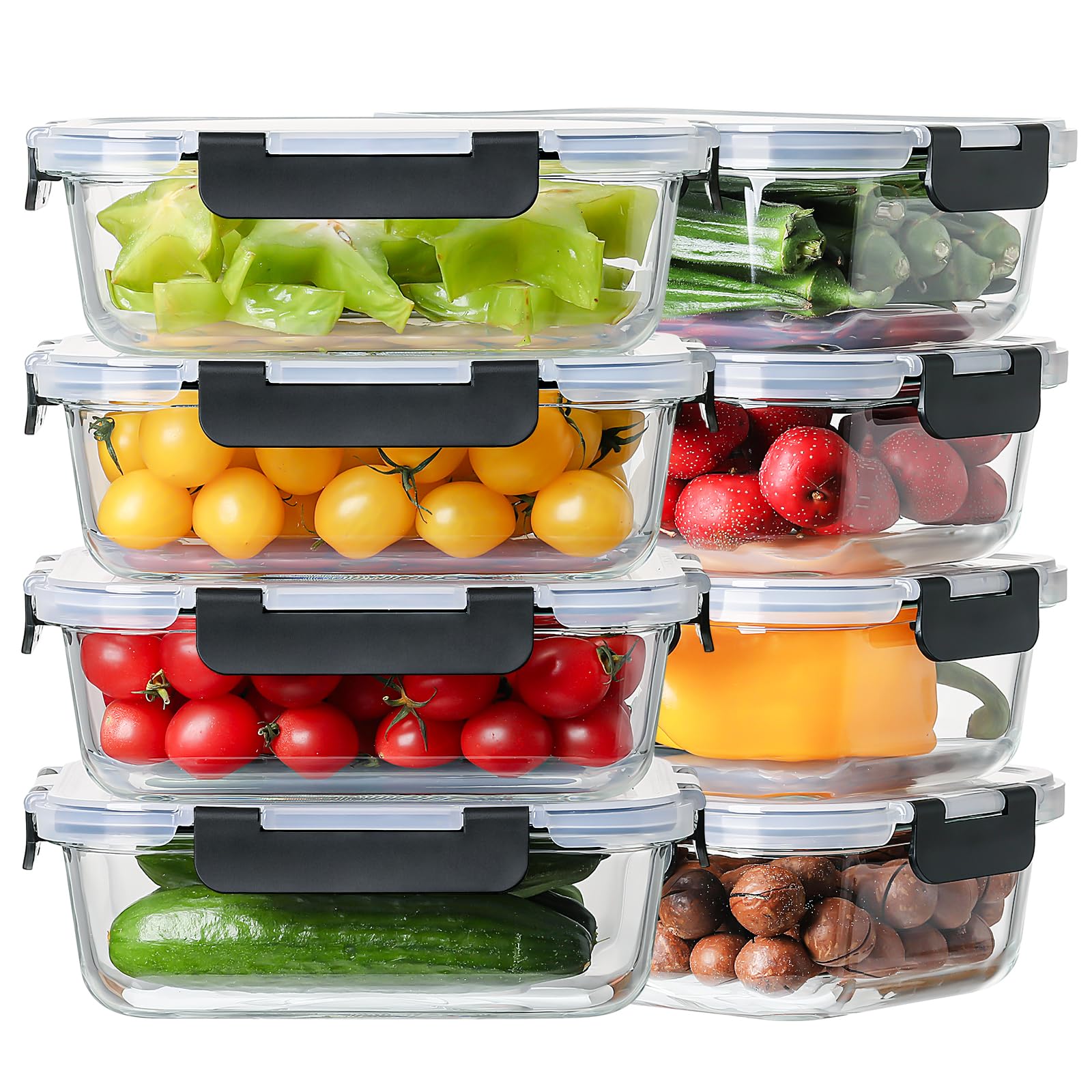 Photo 1 of 8 Pack 36oz Large Glass Meal Prep Containers with lids, Glass Food Storage Containers with Leak Proof Snap Lock Lids , Airtight Bento lunch Boxes, Kitchen Storage, Oven, Freezer and Dishwasher Safe