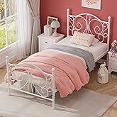 Merronix Twin Bed Frames with Butterfly Pattern Headboard and Footboard，Twin Size Bed Easy Assembly No Box Spring Needed Heavy Duty Metal Platform, White