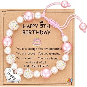Saroly Happy 3 4 5 6 7 8 9 10 Year Old Birthday Bracelet Gifts for Girls, Adjustable Pink Pearl Heart Beaded Bracelet Birthda
