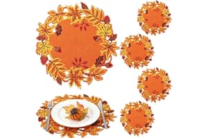 Yingzhao 6 Pcs Fall Placemat Thanksgiving Autumn Harvest Placemats Embroidered Maple Leaves Double Layer Table Mats Cutwork for Home Kitchen Dining Table Holiday Party Decoration