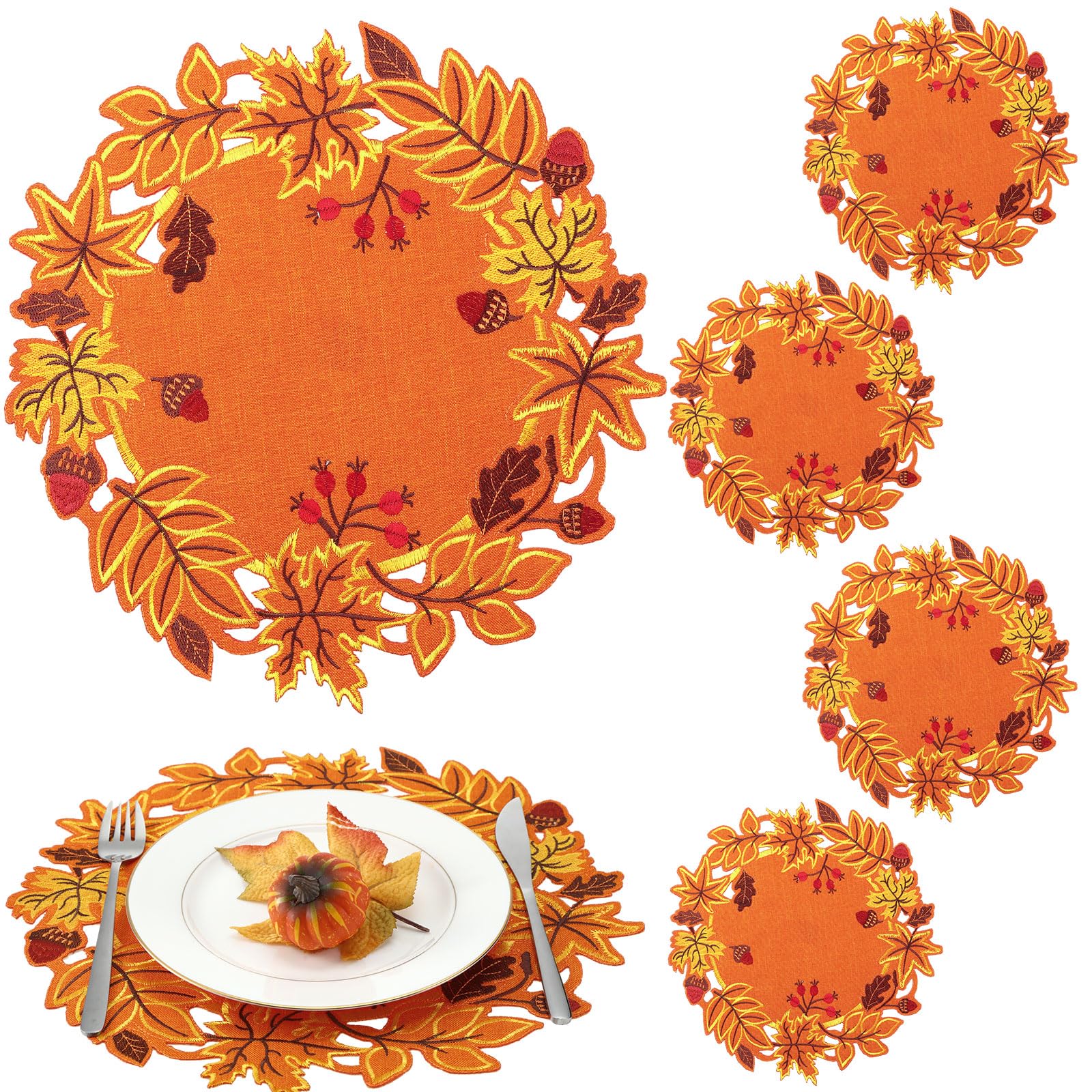 Photo 1 of Yingzhao 6 Pcs Fall Placemat Thanksgiving Autumn Harvest Placemats Embroidered Maple Leaves Double Layer Table Mats Cutwork for Home Kitchen Dining Table Holiday Party Decoration