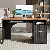 Bestier Computer Desk with Keyboard Tray, 55 inch Office Desk with Power Outlet, Modern Home Office Desk with File Drawer (Walnut with Black, 55" W with Single-Sided Drawers)