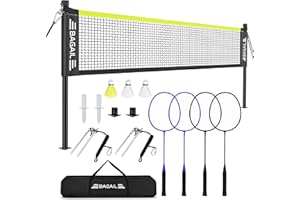 BAGAIL Outdoor Badminton Net Set with Anti-Sag Winch System - Official Size 20ft x 5ft, 4 Rackets, 3 Shuttlecocks, Durable PE Net & Carry Bag for Backyard, Beach, Family Games