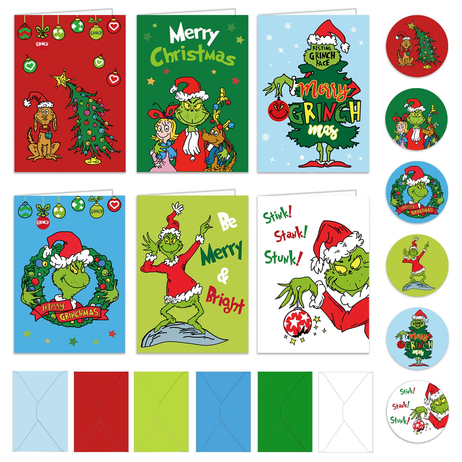 Christmas Cards 2025 Pack of 24 - Multipack Xmas Cards - 6 Different Grnch Designs with 24 Envelopes in 6 Colors for Family, Friends, Granddaughter and Children