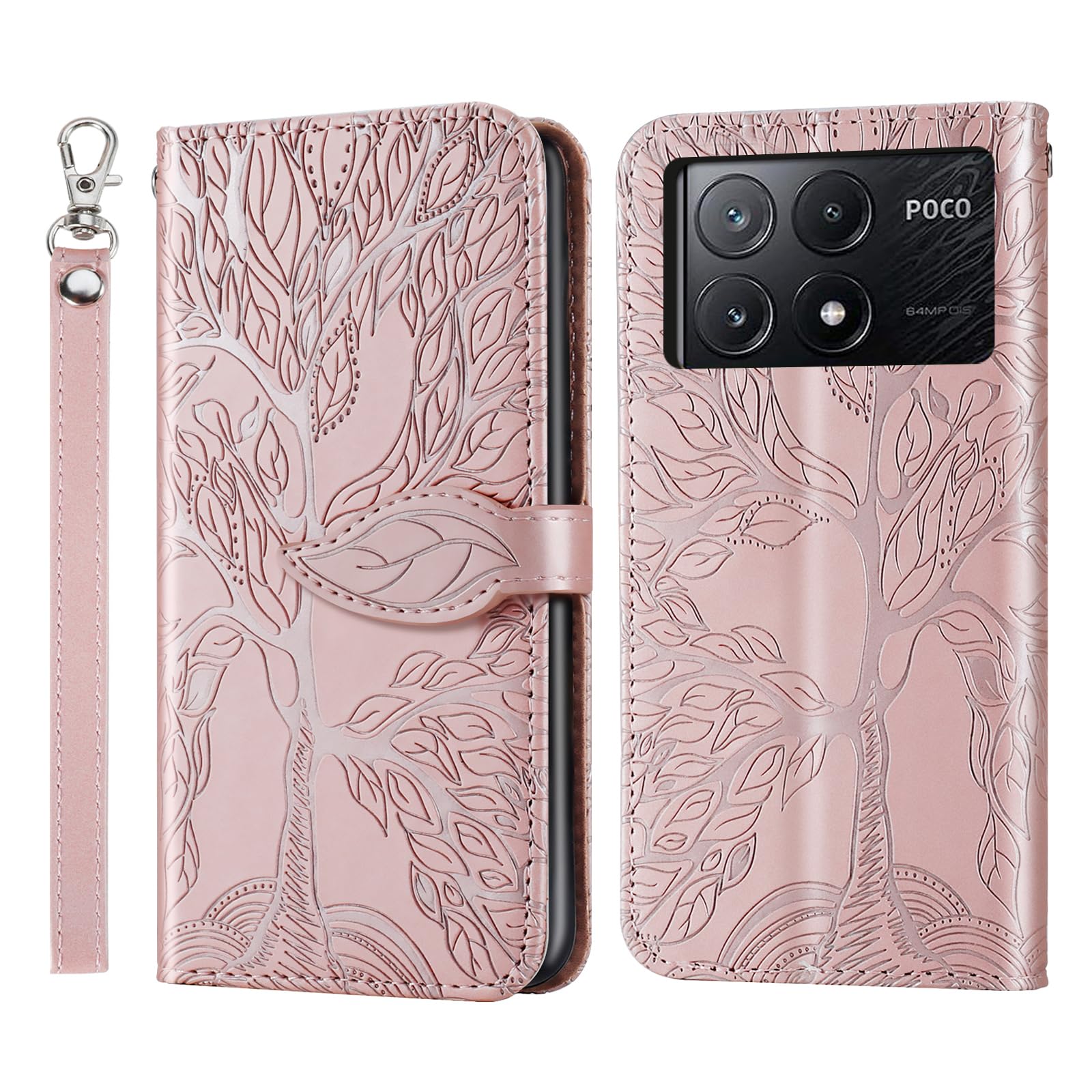 Rostsant Xiaomi Poco X6 Pro 5G Case Cover Embossed Tree PU Leather Magnetic Closure Protective Phone Case Card Slots Wallet Flip Case for Xiaomi Poco X6 Pro 5G Rosegold — image 1