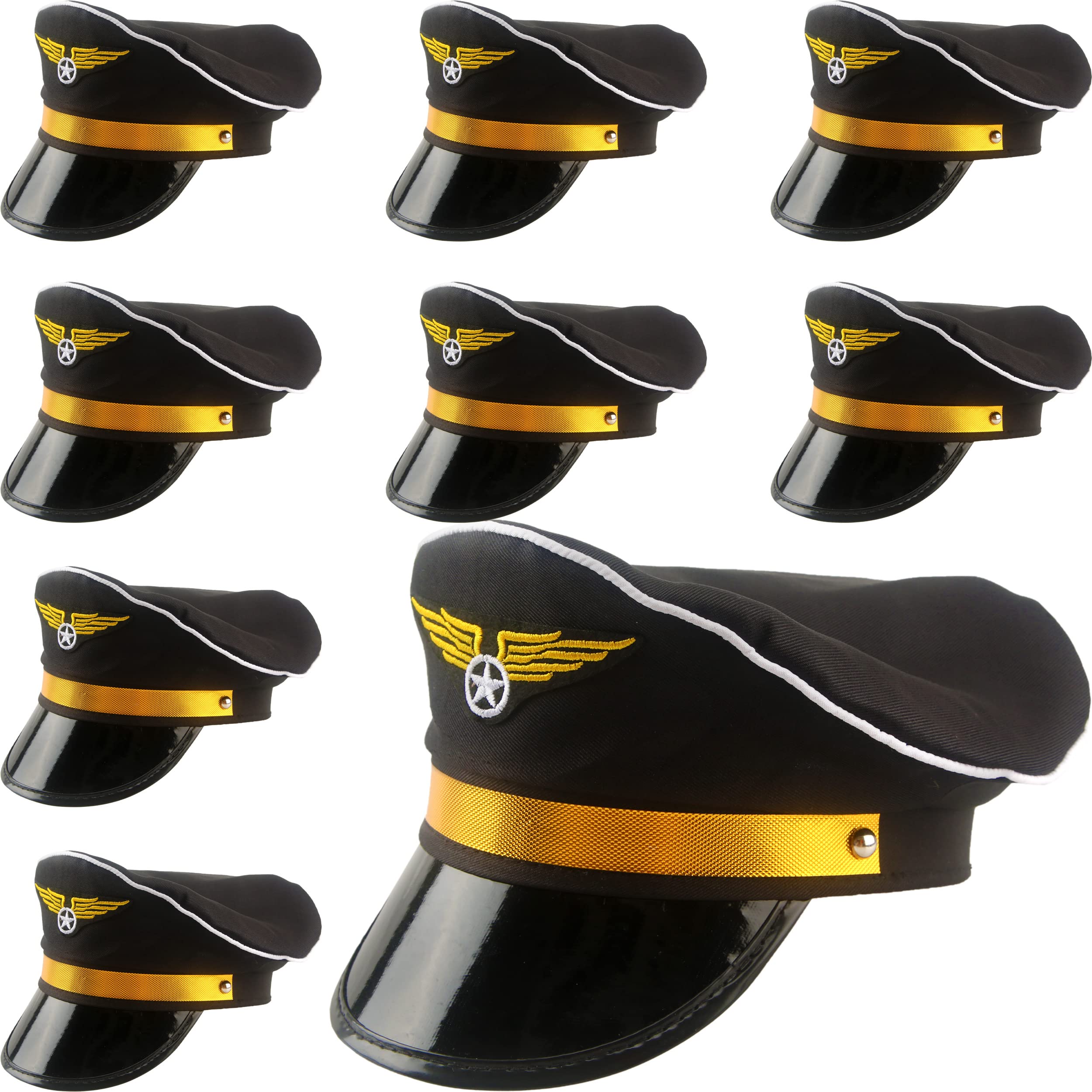 SGBETTER 8 Pack Adjustable Pilot Hats Airplane Captain Hat Costume Accessories for Women Men Halloween Cosplay Party Supplies (Black)