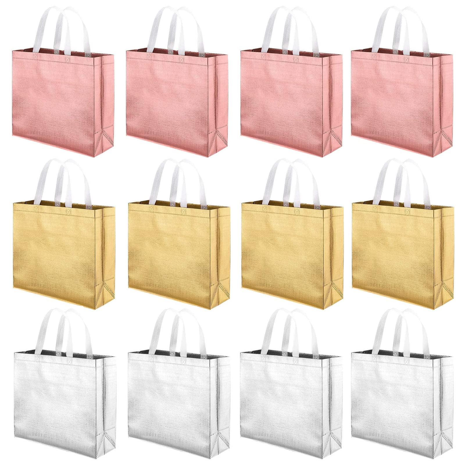 WAIZHIUA 12Pack Reusable Gift Bags - 3 Colors, Non-Woven Glossy Shopping Bags with Handle, Fashionable Bridesmaid Gift Bag for Birthday Wedding Party Favour Baby Shower, 12.7x11.1x4.7in