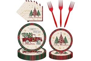 JOYBILEEFUN Christmas Paper Plates and Napkins Sets - 96PCS Christmas Party Supplies Includes 9'' Plates 7'' Plates Napkins Forks Christmas Disposable Dinnerware Set Serves 24 Guests Party Kit Tableware