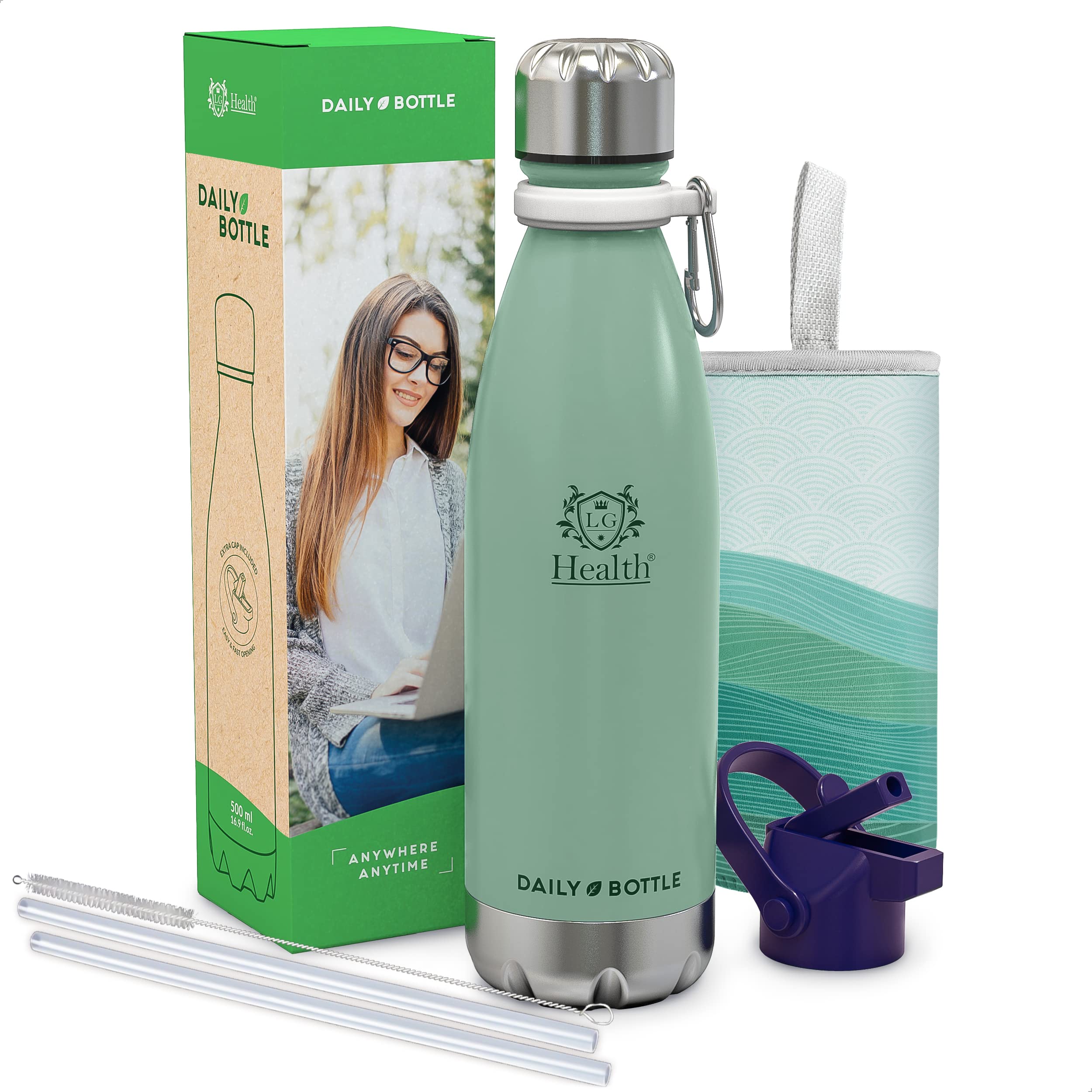 LG Luxury & Grace Insulated Stainless Steel Water Bottle 500ml Insulated Bottle for Hot and Cold Drinks Double Walled & BPA Free Neoprene Case + Carabiner