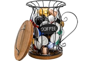 WRINGKIT Rustic Coffee Pod Holder with Lid, K Cup Pods Holder for Counter, Large Capacity Black Wire Coffee Pod Filter Storag