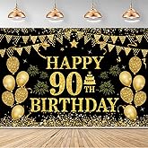 90th Birthday Decorations for Women Men - Happy 90th Birthday Banner Decorations Black Gold Welcome Background Sign for Cheers 90 Years Birthday Party Supplies Decor Indoor Outdoor (71 x 45 inch) ﻿