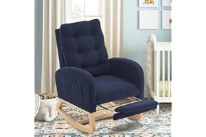 cinkehome Nursery Rocking Chair with Retractable Foot Rest, Teddy Glider Rocking Chair, Mid Century Rocker Chair, High Back, Solid Wood Legs