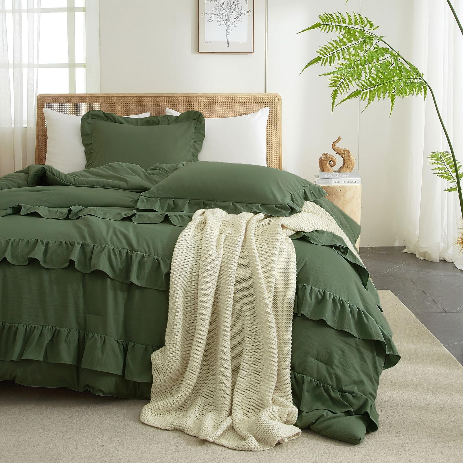 LifeTB Queen Size Comforter Set Olive Green Ruffle Comforter with 2 Pillowcases Chic Lightweight Bedding Set Farmhouse Boho Olive Green Comforter Set for All Seasons Fluffy Bed Set
