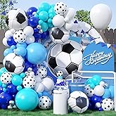 Soccer Balloon Arch Kit with 4D Football Foil Balloons, Royal Blue, White, Metallic Silver Latex Balloons for Baby Shower, Birthday, Soccer, Football Party Decorations