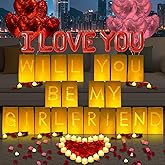Will You Be My Girlfriend Lighted Letters Sign 21pcs Luminary Paper Bags 2200pcs Red Pink Artificial Rose Petals 48pcs Flameless LED Candle Tealight 10pcs Heart Balloons Romantic Night Valentine's Day