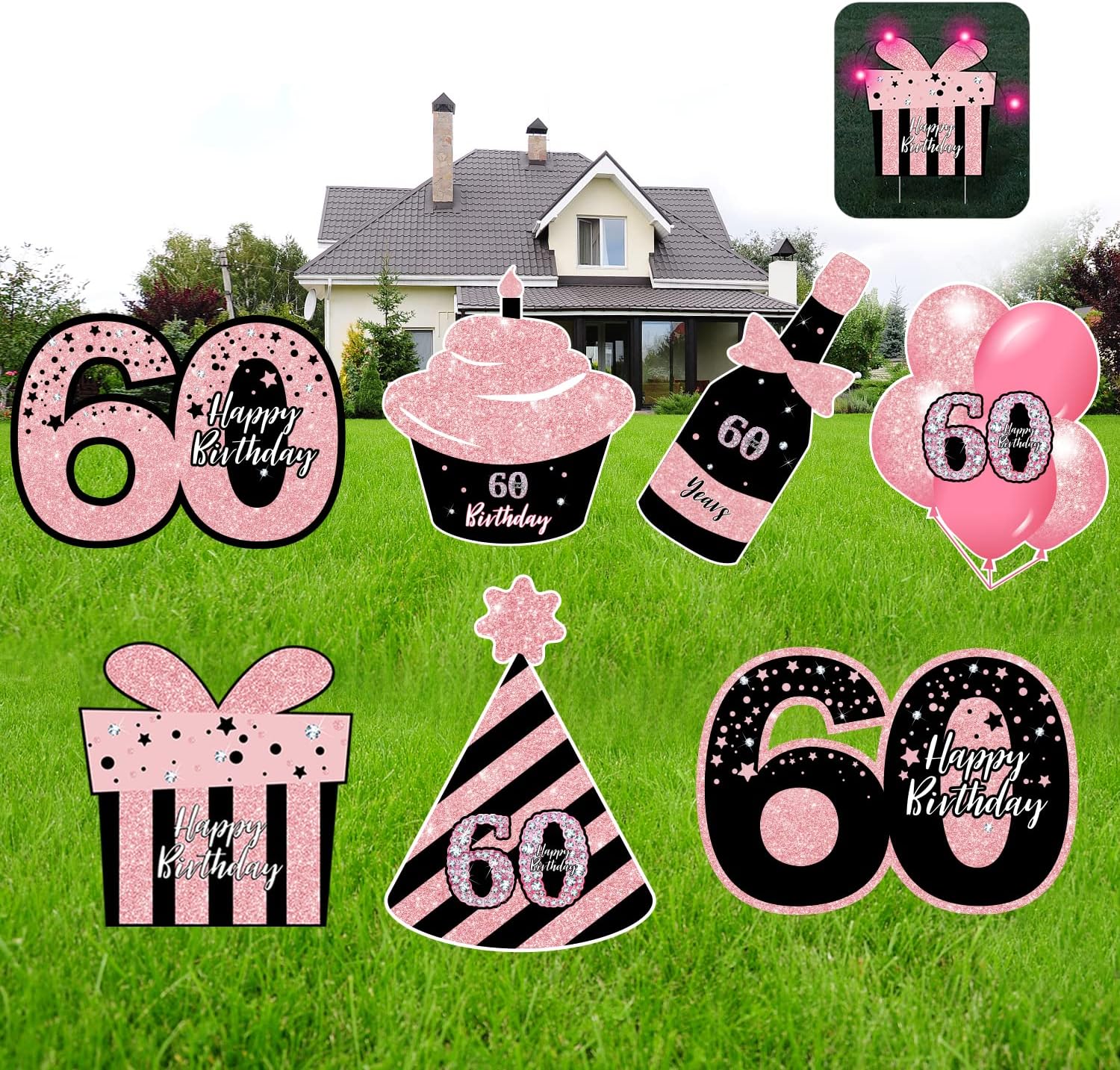 Yard Signs - 60th Birthday Decorations Women - ComboJoy 7Pcs Black & Pink 60th Birthday Yard Signs, 2Pcs LED Lights, Sparkling at Night, Weatherproof, Perfect Happy 60th Birthday Lawn Decorations For Women