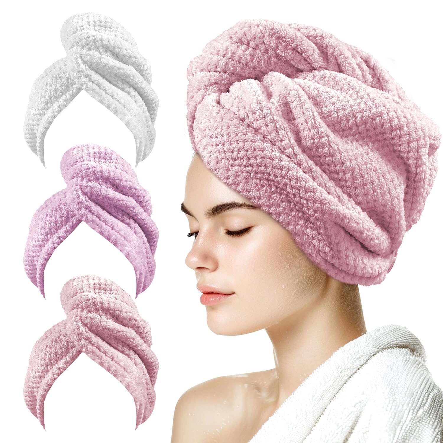 Photo 1 of my novel things 3 Pack Hair Towel Wrap for Women, 25.4" x 9.8" Microfiber Towels, Super Absorbent Quick Dry with Button for Curly Hair Anti Frizz (Pink,White,Purple)