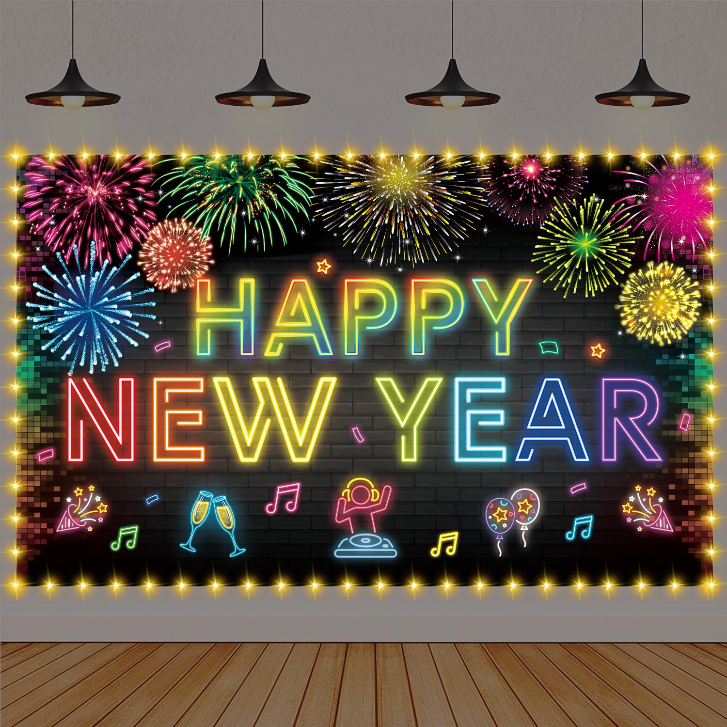 Photo 1 of 2026 Happy New Year Banner NYE Prom Party Decorations,Fireworks New Years Eve Backdrop Banner Indoor Outdoor Background for 2026 New Years Eve Party Supplies 71x43in