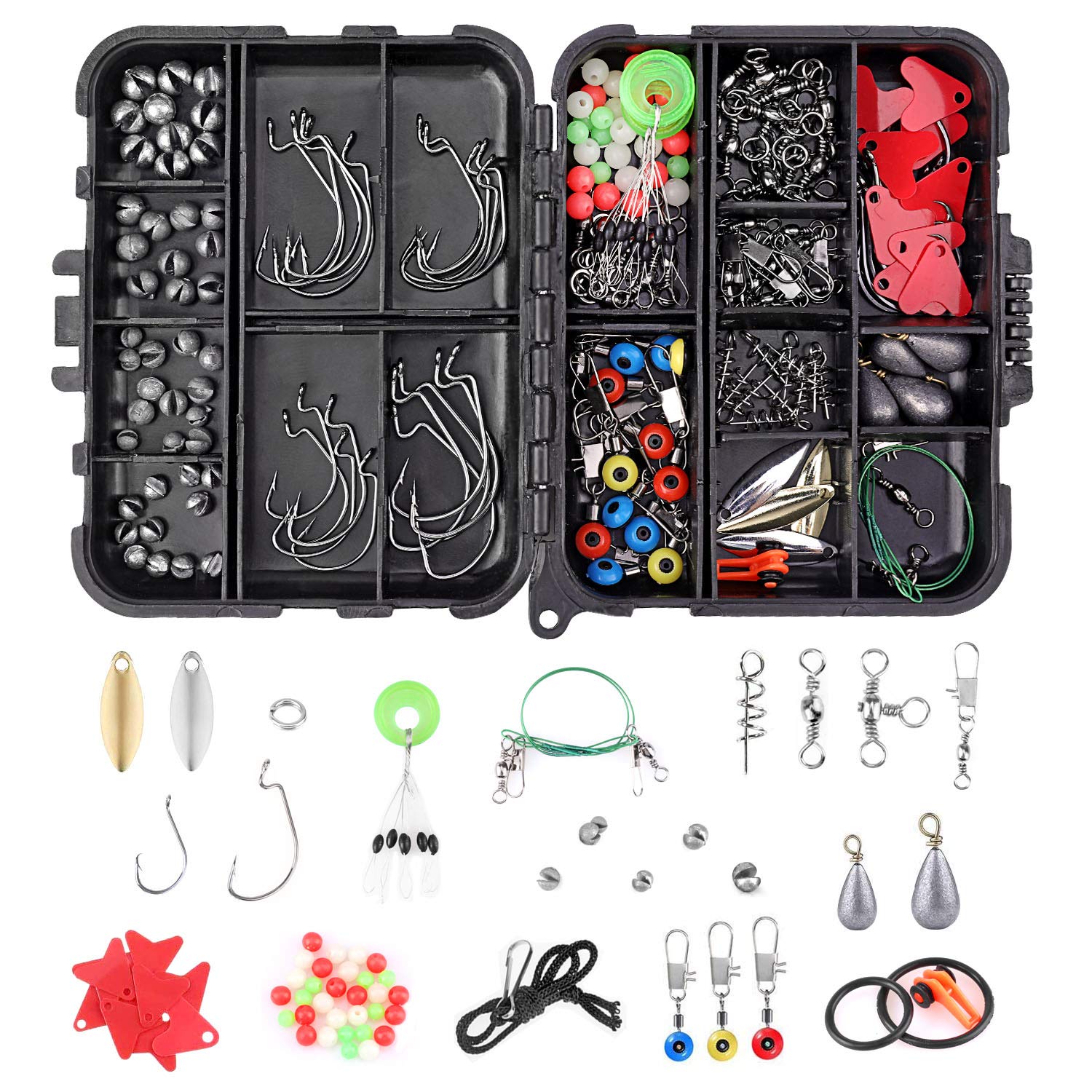 Pwsap Fishing 210pcs/Box Accessories Kit, Including Jig Hooks, Bullet Bass Casting Sinker Weights, Swivels Snaps, Spoon Lure, Sinker Slides, Line Beads, with Tackle Box