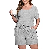ZHUHOUSE Womens Plus Size Pajama Sets 2 Piece Summer Outfits Short Sleeve Tops Shorts with Pockets for Lounge Sleepwear