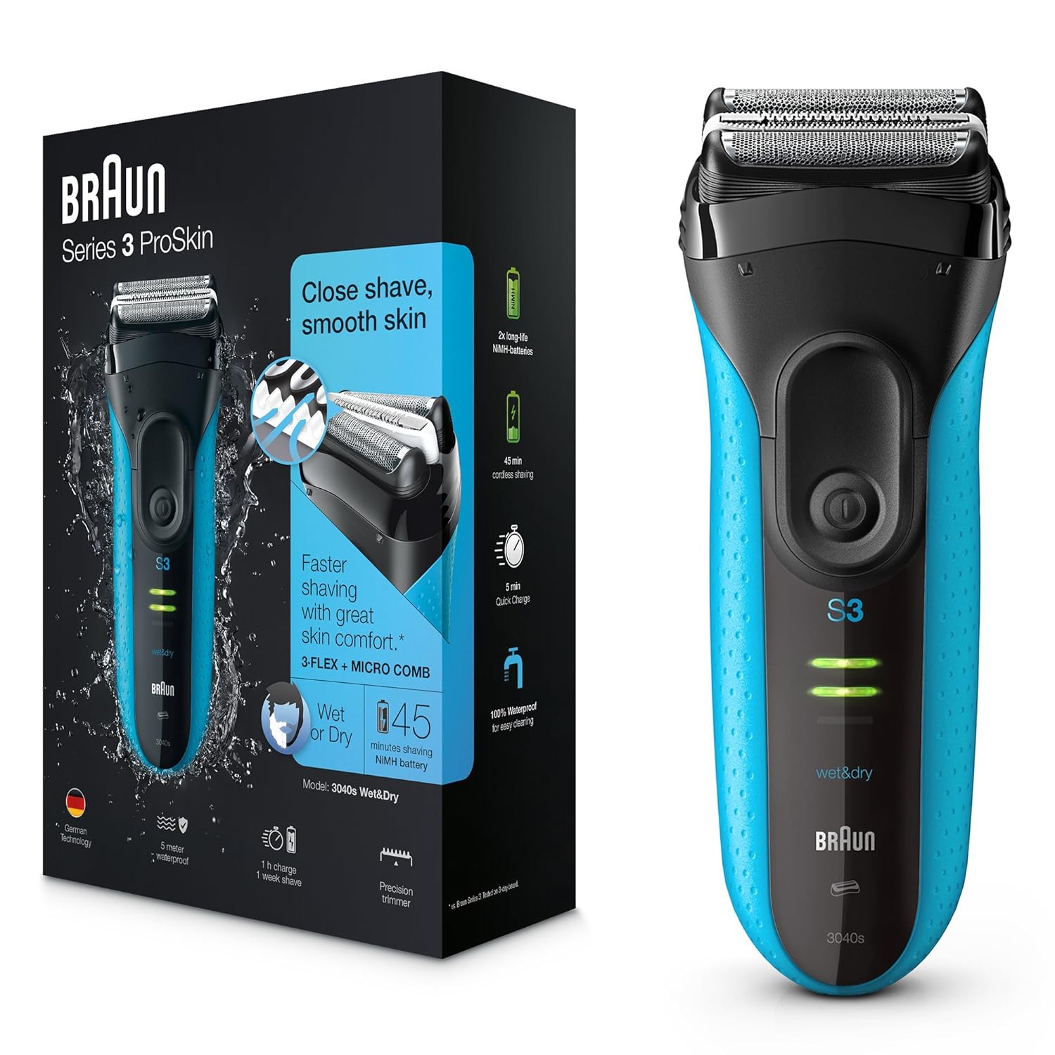 Braun Series 3 ProSkin 3040s Electric Shaver, Wet and Dry Electric Razor  for Men with Pop Up Precision Trimmer, Rechargeable and Cordless Shaver,  Black/Blue