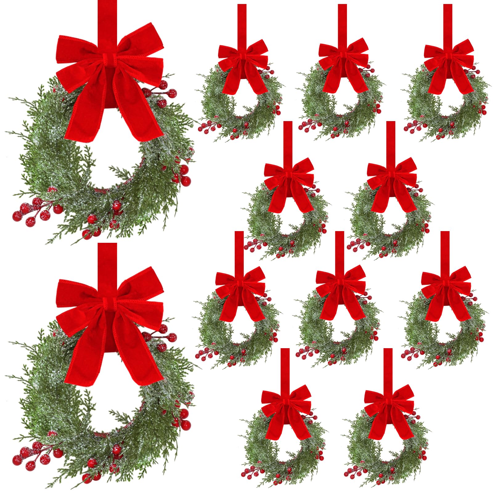 Photo 1 of 12 Pcs Small Christmas Wreaths Real Touch 9.8 Inch Mini Kitchen Cabinet Wreaths with Bow Ribbon, Artificial Cedar Greenery & Berries for Xmas Front Door Window Fireplace Farmhouse Holiday Decoration