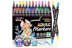 Betem Acrylic Paint Markers Big Volume Paint Pens, 24 Colors Dual Tip Direct Liquid Acrylic Markers with Automatic Ink Contro