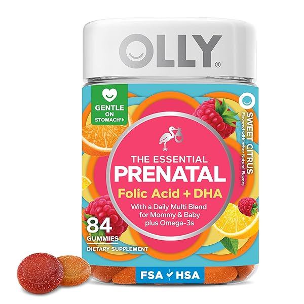 OLLY ESSENTIAL PRENATAL GUMMY MULTIVITAMIN, FOLIC ACID, VITAMIN D, OMEGA 3 DHA, SUPPORTS HEALTHY GROWTH AND BRAIN DEVELOPMENT, CITRUS BERRY – 84 COUNT