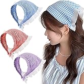 Thinslimer 3PCS Hair Scarf Headband for Women,Gingham Hair Bandana, Non-Slip Soft Head Coverings Boho Triangle Bandana Turban