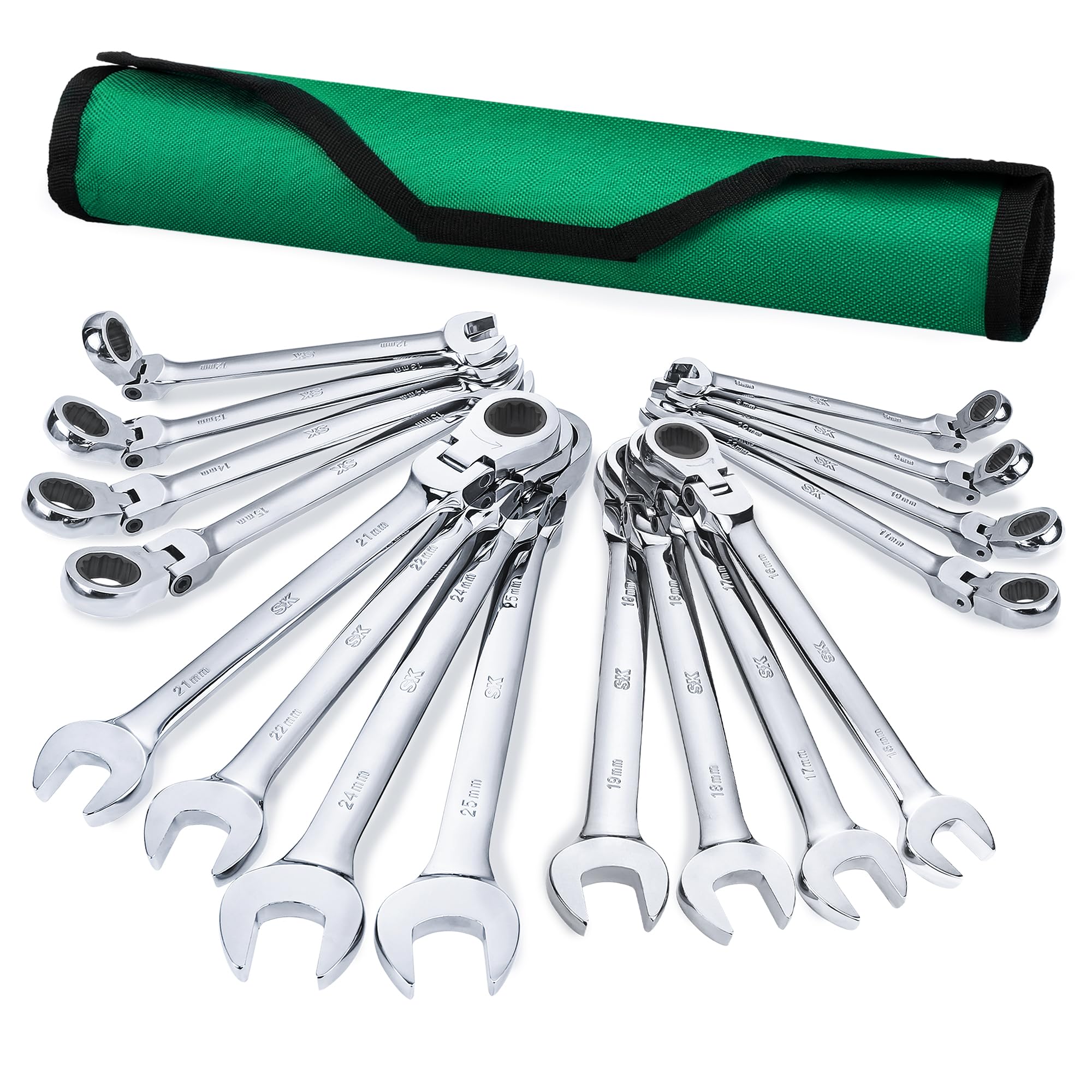 Photo 1 of SK Flex-Head Ratcheting Wrench Set, Combination Wrench Set, 16-Piece, Metric 8 to 25mm, 72-Tooth, Premium CR-V Construction, with Rolling Pouch