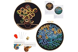 Armindou Van Gogh Starry Night Embroidery Starter Kits for Beginners Adults, Hand Embroidery Needlepoint Kits Counted Stamped Cross Stitch kits for Beginners Adults, 2 Set Embroidery Supplies, 2 Hoops