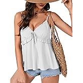 Rooscier Women's Spaghetti Strap Lace Trim Deep V Neck Cami Sexy Babydoll Sleeveless Peplum Top White Medium