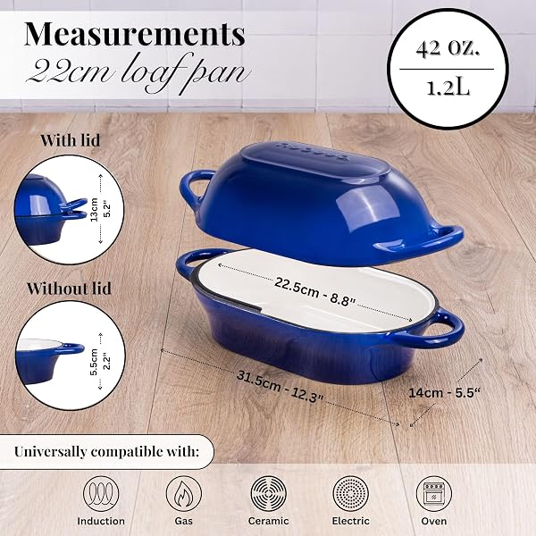DUTCH OVEN FOR SOURDOUGH BREAD BAKING – ENAMELLED CAST IRON BREAD LOAF POT – OVEN SAFE NON STICK BREAD POT – RECTANGULAR, DARK BLUE, 24CM X 16CM – BY NUOVVA