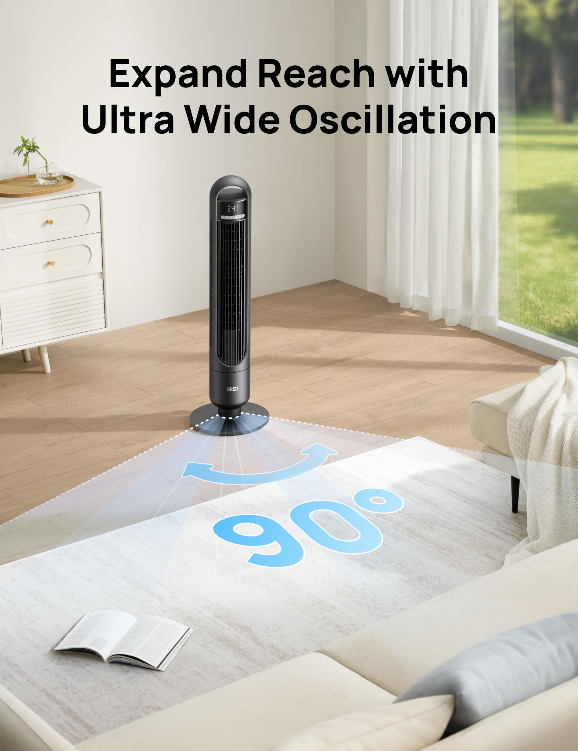Dreo Tower Fan for Bedroom, 90° Oscillating Standing Fans for Room with 4 Speeds, 3 Modes, 28dB Quiet for Sleep, 25ft/s Velocity, 8H Timer, Remote, Living Room, Office, Home, Black, TF117
